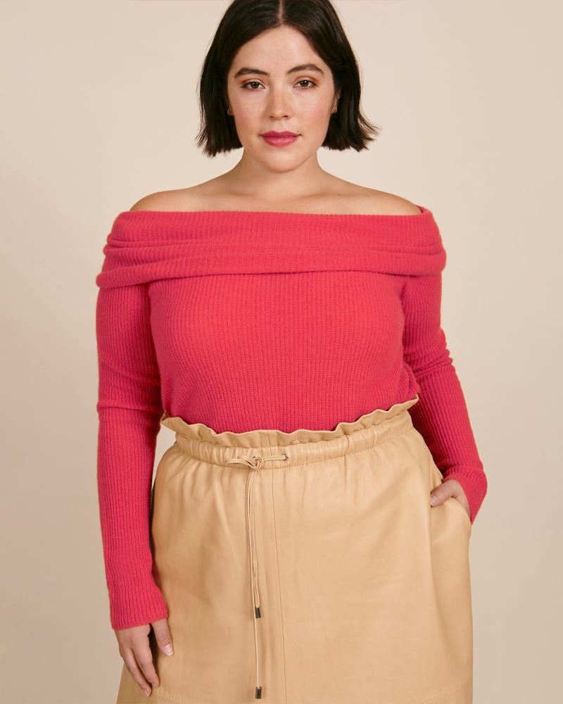 Front of a model wearing a size XL Cashmere Cowl Neck Long Sleeve Sweater in Raspberry by LAPOINTE. | dia_product_style_image_id:226935